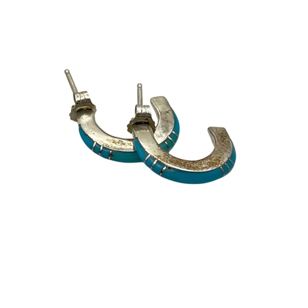 Signed Sterling Silver Turquoise Inlay Half Hoop Earrings Southwestern Boho 0.5"